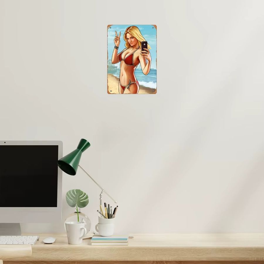 Vintage GTA Beach Game Art Metallposter von CIFBUY mit Bikini-Charakter als Wanddekoration, Breite: 20,32 cm, Höhe: 30,48 cm - Bild 3