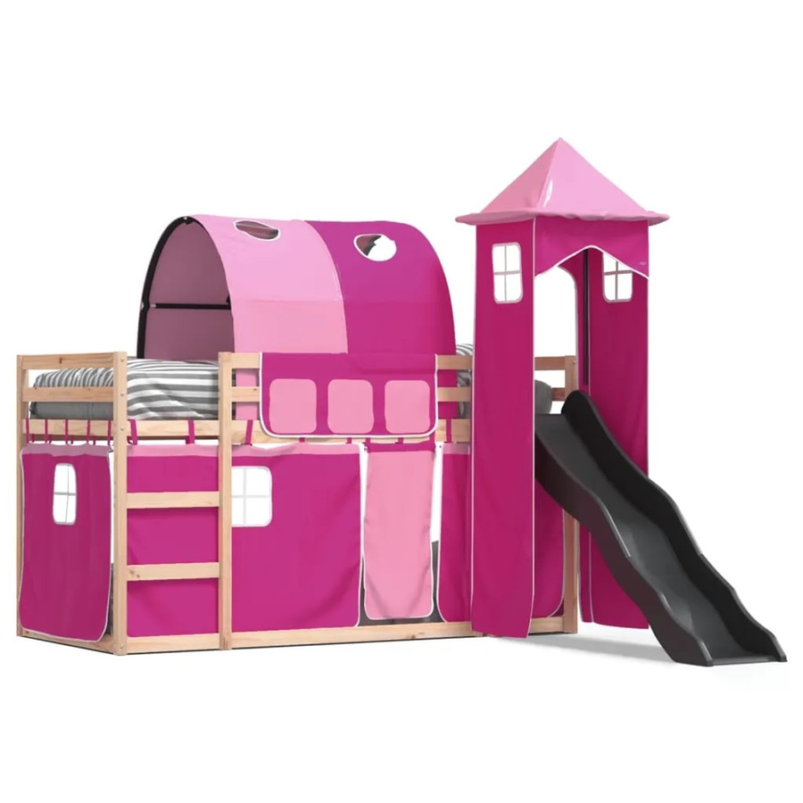 vidaXL Etagenbett für Kinder aus Massivholz mit Rutsche und Gardinen in Rosa und Anthrazit, B/T/H: 200 x 80 x 205,5 cm - Bild 2