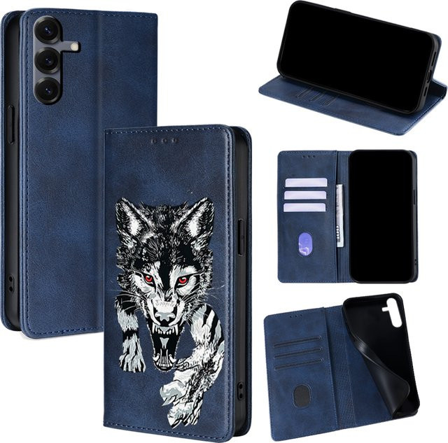 Lederne Brieftasche mit Wolf-Muster als Handyhülle für Samsung Galaxy S25 Ultra, S25 FE, S24, S23, S22, A17, A07, A56, A36, A26 mit Kartenfächern in Schwarz - Bild 1