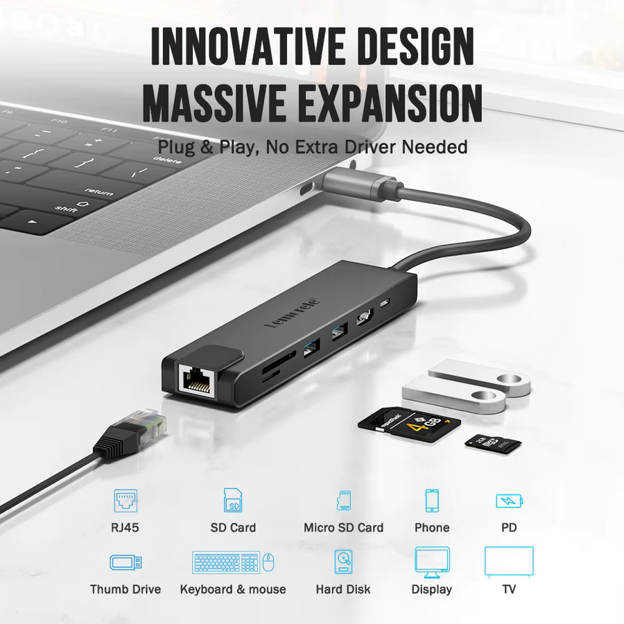 Lemorele TC25 USB C Dockingstation 7-in-1 mit 4K HDMI, PD 100W, Gigabit RJ45 sowie SD und TF Kartenleser in Grau - Bild 2