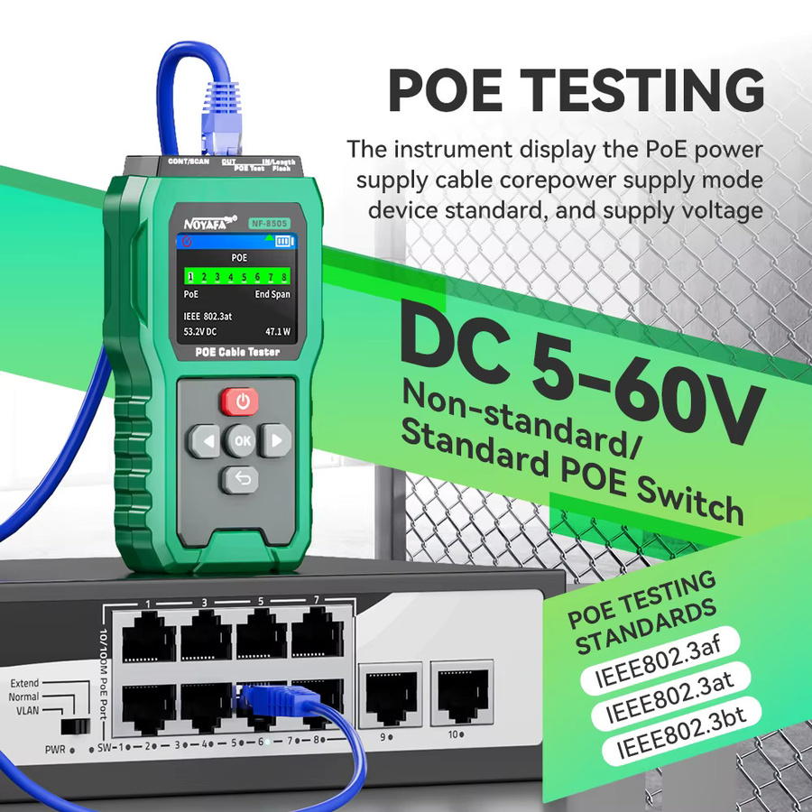 NOYAFA NF-8505 Netzwerkkabel-Tester RJ45 Kabel-Tracer mit Fehlerdistanz-Messung und PoE-Switch Spannungs- und Leistungstester in Grün - Bild 6