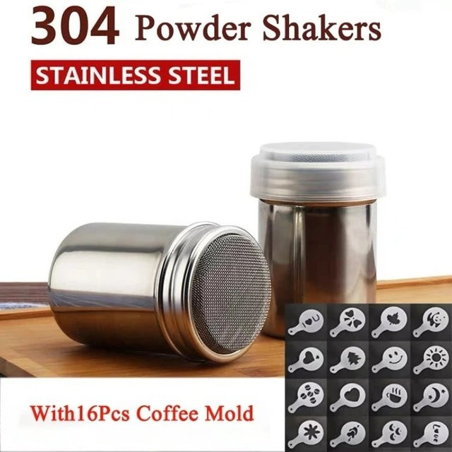 Edelstahl Schokoladen-Shaker und 16er Set Kaffee-Schablonen in Silber für Kakao, Mehl und Kaffee - Bild 1