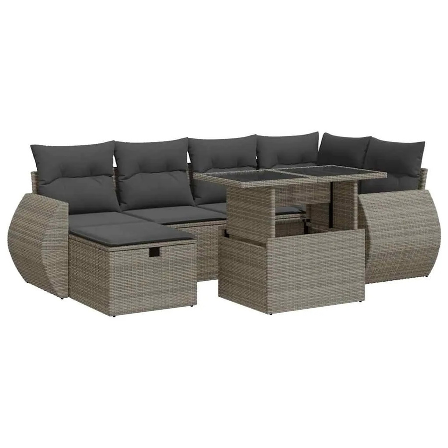 vidaXL 7-tlg. Garten-Sofagarnitur in L-Form mit Kissen und Couchtisch, Grau/Schwarz, Poly-Rattan mit Metallgestell - Bild 2