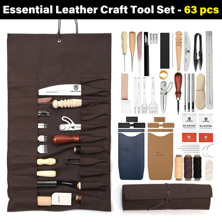 WUTA Lederhandwerk-Werkzeugset mit 63 bis 74 Teilen für Anfänger zum Nähen, Stanzen und Schneiden für professionelles Basteln und DIY-Reparaturen - Bild 2
