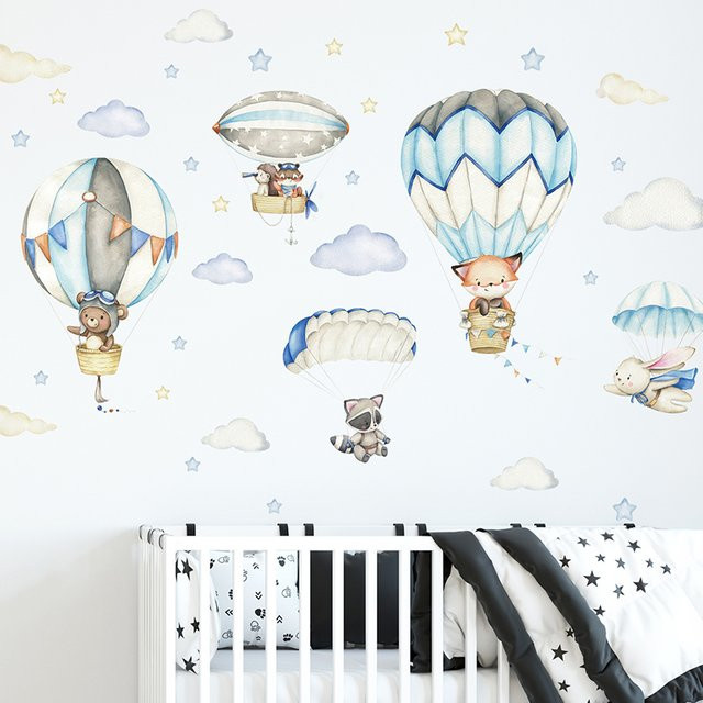 BRUP Wandtattoo mit niedlichen Tieren und Heißluftballon für das Kinderzimmer, Mehrfarbig, PVC - Bild 1