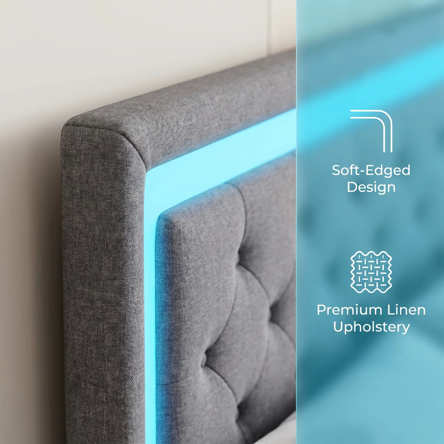 Gepolstertes Doppelbettgestell HYNHXBP in Dunkelgrau mit Leinenstoff, LED-Beleuchtung, USB-Ladefunktion und 4 Aufbewahrungsschubladen, Maße: 140 x 200 cm - Bild 6