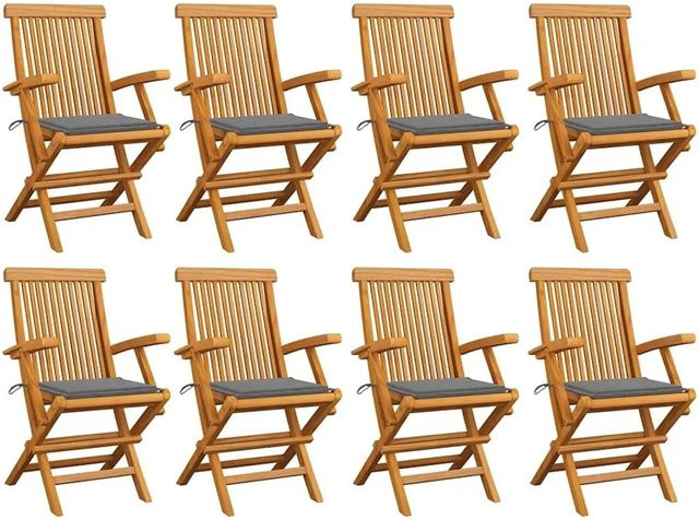 vidaXL Gartenstuhl-Set aus Teak-Massivholz mit grauen Kissen, 8 Stück, Braun - Bild 1