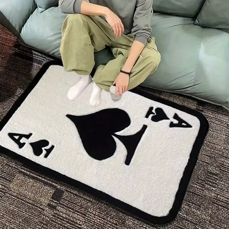 VIKAMA Ace Spade Pokerkarten-Teppich aus Shaggy-Flanell in Weiß im Vintage-Casino-Stil, waschbarer rechteckiger Bodenmatte für das Wohnzimmer - Bild 3