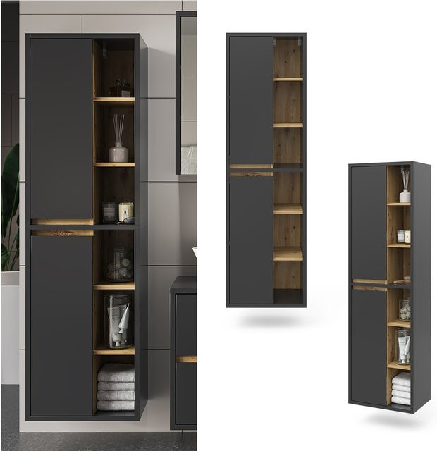Vicco Badschrank Viola Hochschrank in Anthrazit und Eiche mit Türen und offenen Fächern, B/T/H: 50 x 39,02 x 170 cm - Bild 1