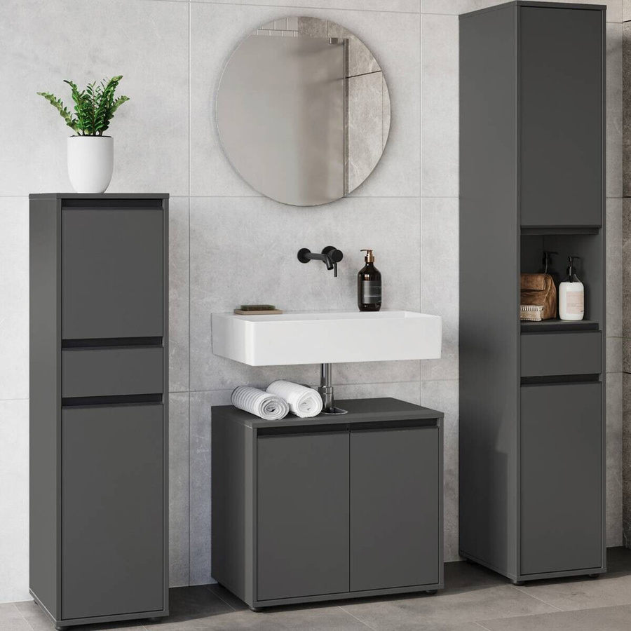 Germania Badezimmer-Set 9931-547 in Anthrazit mit Waschbeckenunterschrank, Midischrank, Hochschrank und Spiegel, B/H/T: 156 x 190 x 34 cm - Bild 1