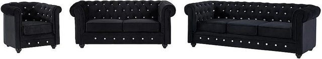 Vente-unique Chesterfield Couchgarnitur aus Samt in Schwarz bestehend aus 3-Sitzer-Sofa, 2-Sitzer-Sofa und Sessel B/T/H: 165 x 82 x 205 cm - Bild 1