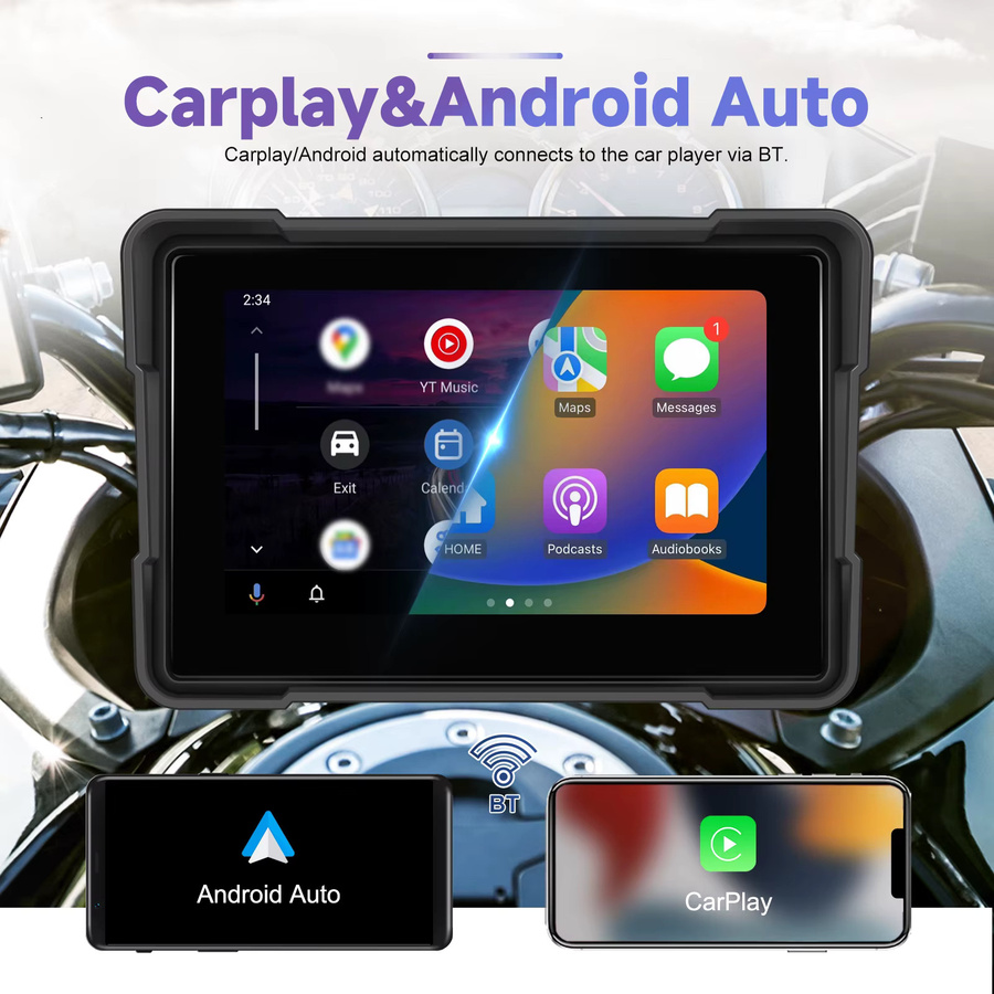 Podofo 5-Zoll Tragbarer Motorrad-Smart-Player mit Wireless CarPlay und Android Auto, IP68 Wasserdichte Digitale Motorrad-Navigation in Schwarz mit 2 Kameras und TPMS-Unterstützung - Bild 3