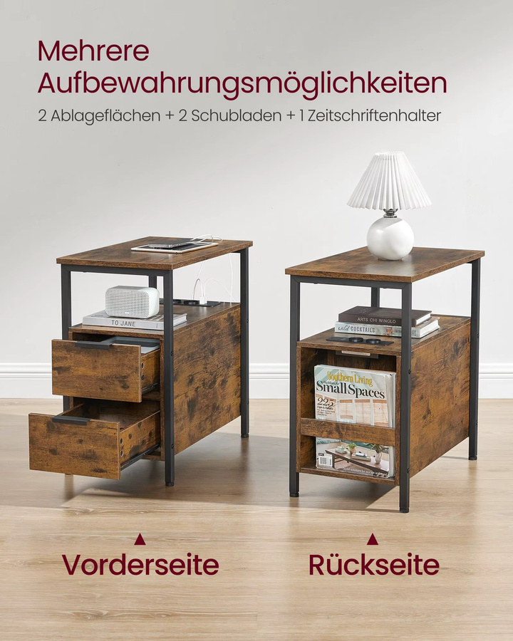 VASAGLE Beistelltisch mit Steckdosenleiste und 2 Schubladen im Industrial Design, Schwarz-Braun, B: 60 cm, T: 35 cm, H: 61 cm - Bild 3