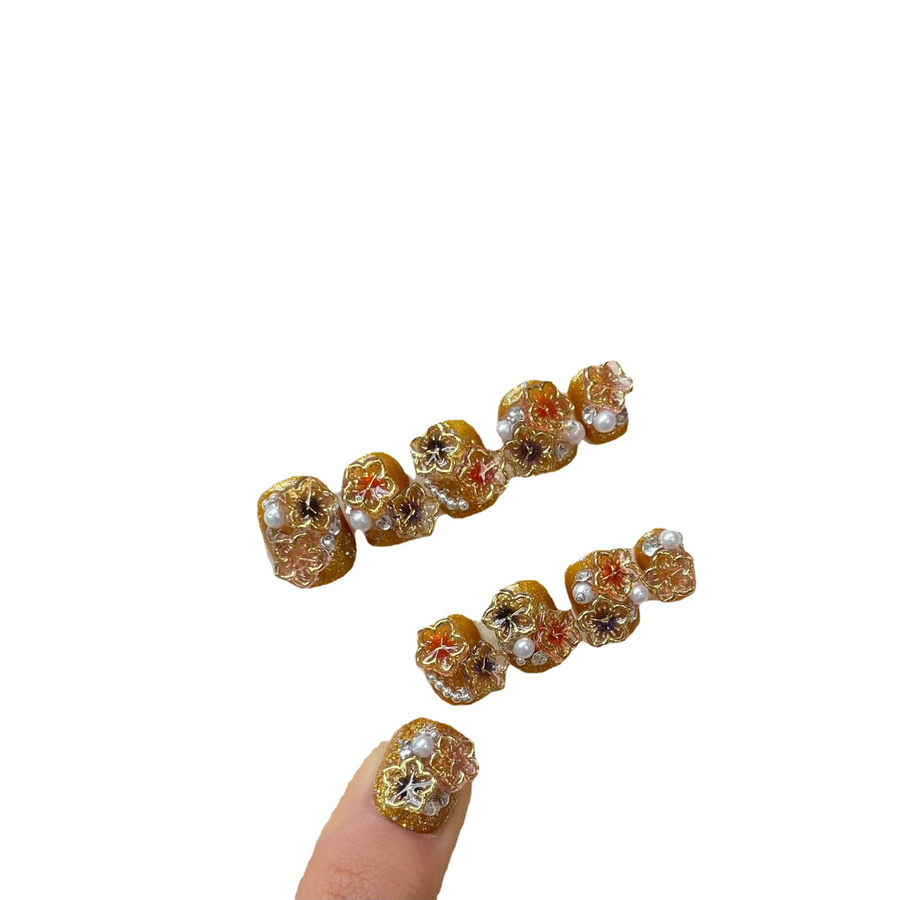 10 Stück Press-on Nails Kurz Rund, Golden Glasiert, Blumen Design - Bild 2
