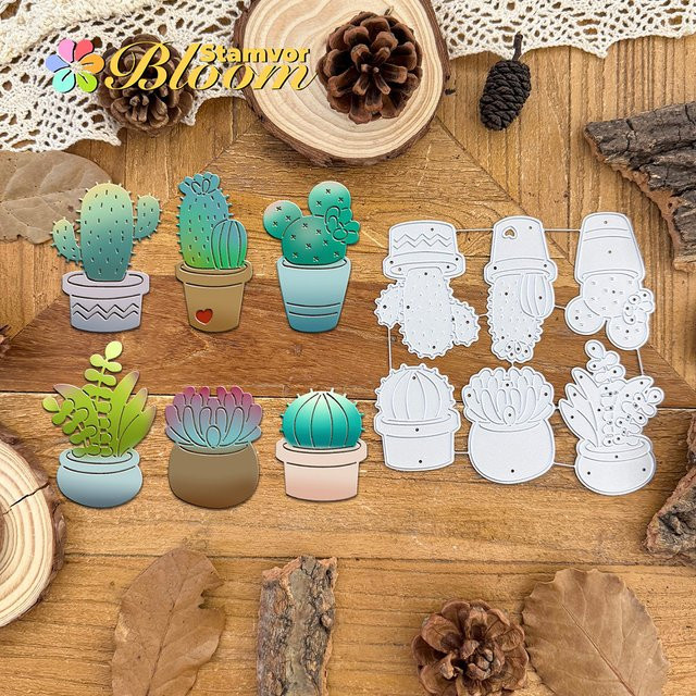 Dekorative Metall Stanzform für Scrapbooking mit Sukkulenten und Kakteen in Topf, Silber - Bild 1