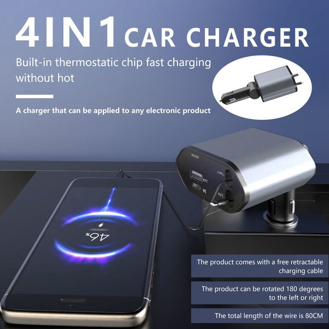 Gopala 4-in-1 PD30W Auto-Schnellladegerät mit einziehbarem USB-Typ-C-Kabel in Grau für iPhone, Samsung und Huawei - Bild 1
