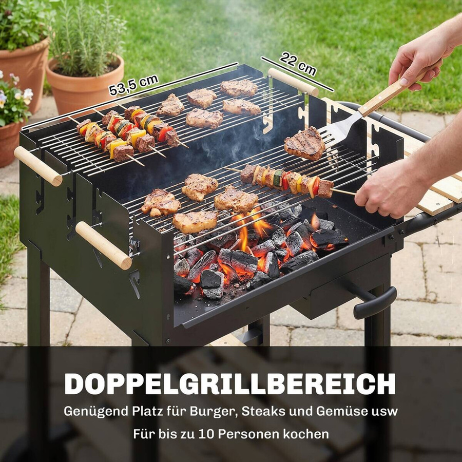 Outsunny Holzkohlegrill Grillwagen mit höhenverstellbarem Grillrost und 2 Holzablagen in Schwarz, B/H/T: 58 x 82 x 99,5 cm - Bild 4