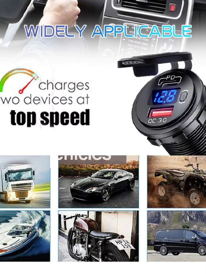 Wasserdichter 60W USB-C und QC 3.0 Ladegerät Adapter mit Schalter für 12V 24V Auto Lkw Boot RV Motorrad in Schwarz - Bild 7