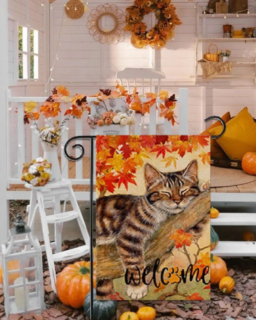VIKAMA Herbstkatzen-Gartenflagge aus Leinen mit herbstlichen Blättern, doppelseitig bedruckt, Mehrfarbig, B/H: 30 x 45 cm - Bild 1