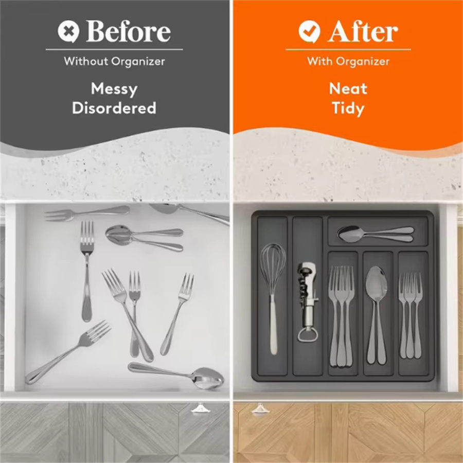 Besteckbox aus Kunststoff mit Trenner in Schwarz für Küchenschubladen und Arbeitsplatten, Breite: 32,0 cm, Höhe: 5,4 cm - Bild 6