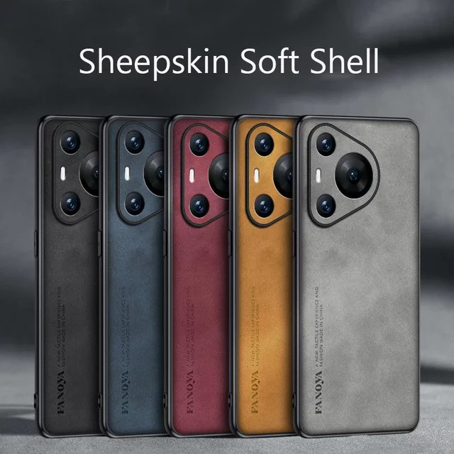 Luxus Handyhülle aus Schaffell, Leder und Silikon für Huawei Pura 80, 70 Pro, P60 Pro und Pura 70 Ultra in Braun - Bild 1