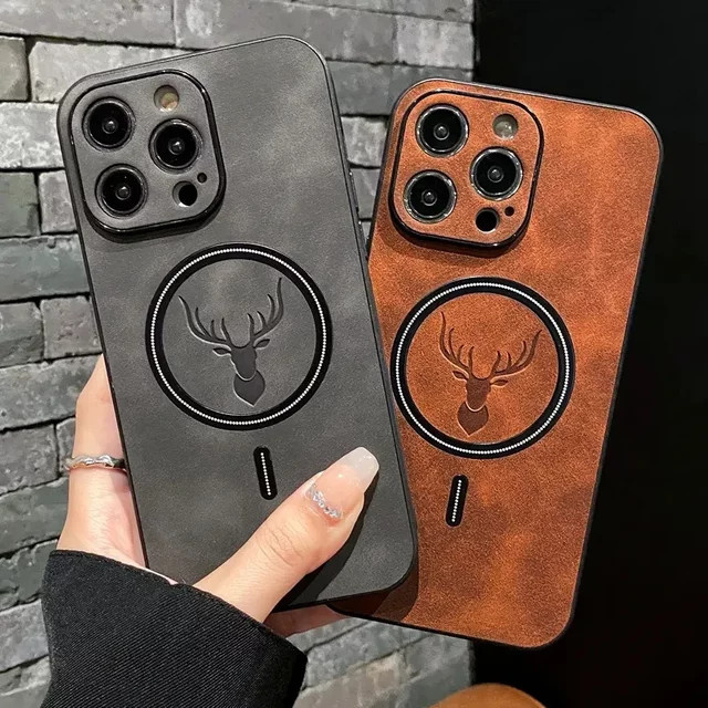 Magnetische Leder-Handyhülle mit Hirschkopf-Design für iPhone 11 bis iPhone 16 Pro Max, Farbe: Blau, stoßfest und kompatibel mit kabellosem Laden, Marke: Gusakov - Bild 1