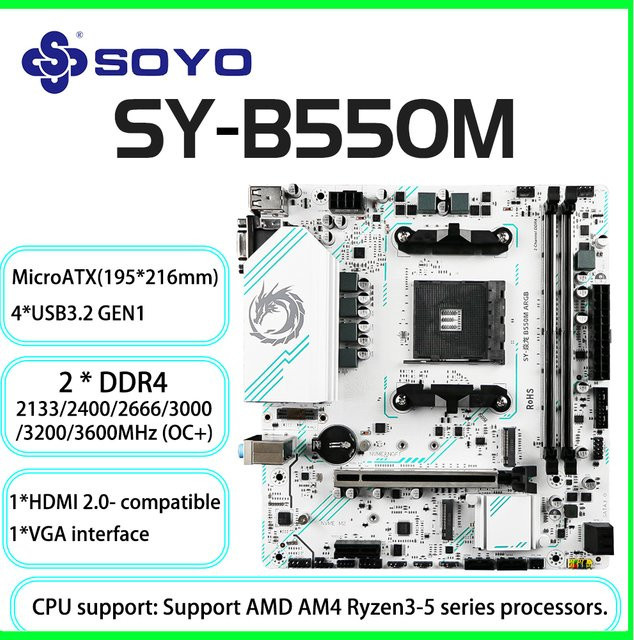 SOYO AMD B550M Gaming Motherboard Micro-ATX mit DDR4 Dual Channel, M.2 NVMe und USB 3.1, unterstützt Ryzen R3 R5 R7 3000 4000 5000 CPUs, AM4 Sockel, Weiß - Bild 1
