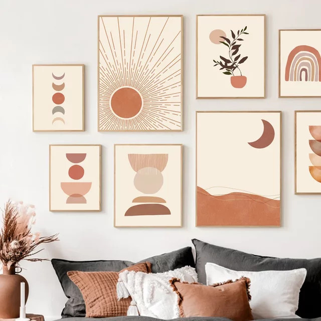 Potdemiel Bohemian Wandkunst Leinwand mit Sonne Mond Regenbogen und geometrischen Blättern als abstraktes Poster für dein Wohnzimmer oder Schlafzimmer - Bild 1