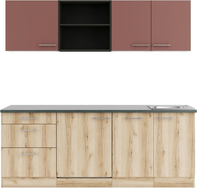 OPTIFIT Küchenzeile Bari407/Livorno290 in Rostrot und Wildeiche Nachbildung, Breite: 210 cm - Bild 1