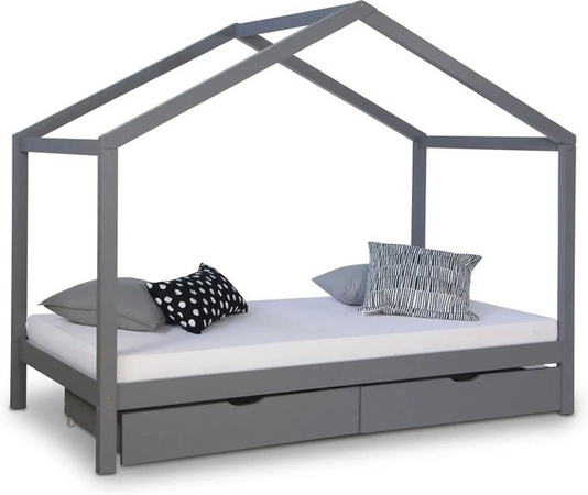 Homestyle4u Kinderhaus Bett aus Massivholz Kiefer in Grau mit Bettkasten und Schubladen