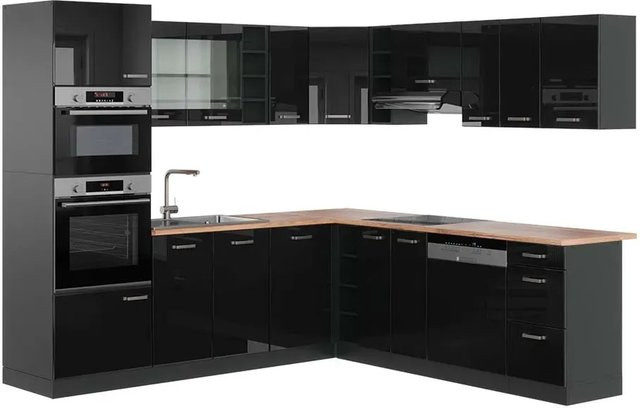 Vicco R-Line Eckküche in Schwarz Hochglanz und Anthrazit mit Eiche-Optik, B/T/H: 237 x 247 x 81,6 cm - Bild 1