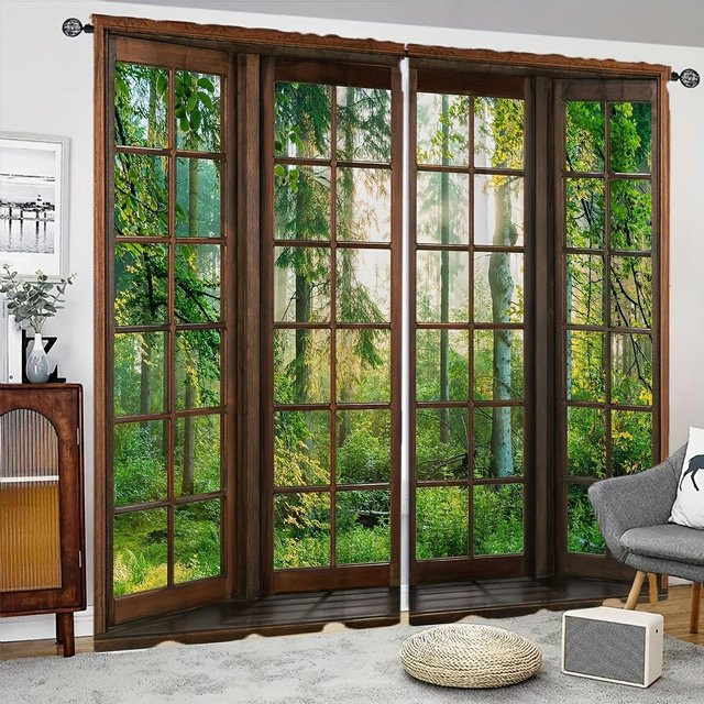 Yiran Furniture Vorhänge mit Waldlandschaft, 2er-Set, halbtransparent, Polyester, Mehrfarbig, B: 50 cm, H: 130 cm - Bild 1