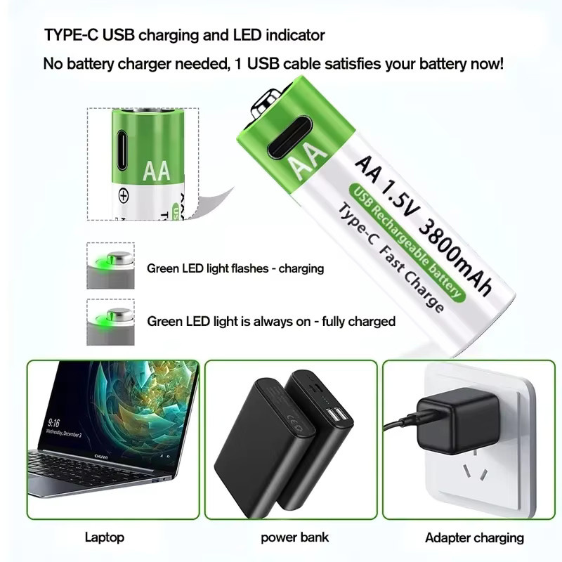 NDNNAS Wiederaufladbare Lithium-Ionen-Batterien Typ-C AAA in Grün - Bild 3