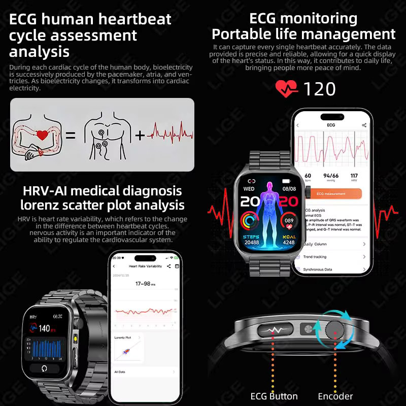 LIGE Smartwatch mit Lasertherapie und Gesundheitsanalyse für EKG, PPG, Blutfette, Harnsäure, Körperfett und Temperatur in Schwarz mit Sprachanruf-Funktion - Bild 4