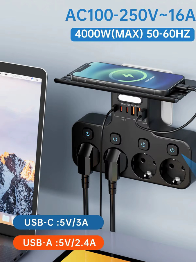 DODOYESANA Multifunktionssteckdose mit Nachtlicht und Telefonhalter, 4000 W, Schwarz, 4 AC-Steckdosen, 2 USB-A und 2 USB-C - Bild 6
