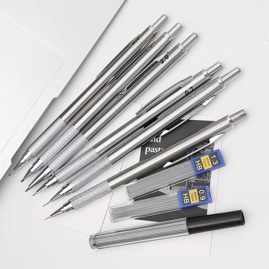 Metall-Druckbleistift-Set HB in Silber für Kunst, Skizzen und Büro mit Minen in 0,3 mm, 0,5 mm, 0,7 mm, 0,9 mm, 1,3 mm und 2,0 mm - Bild 2