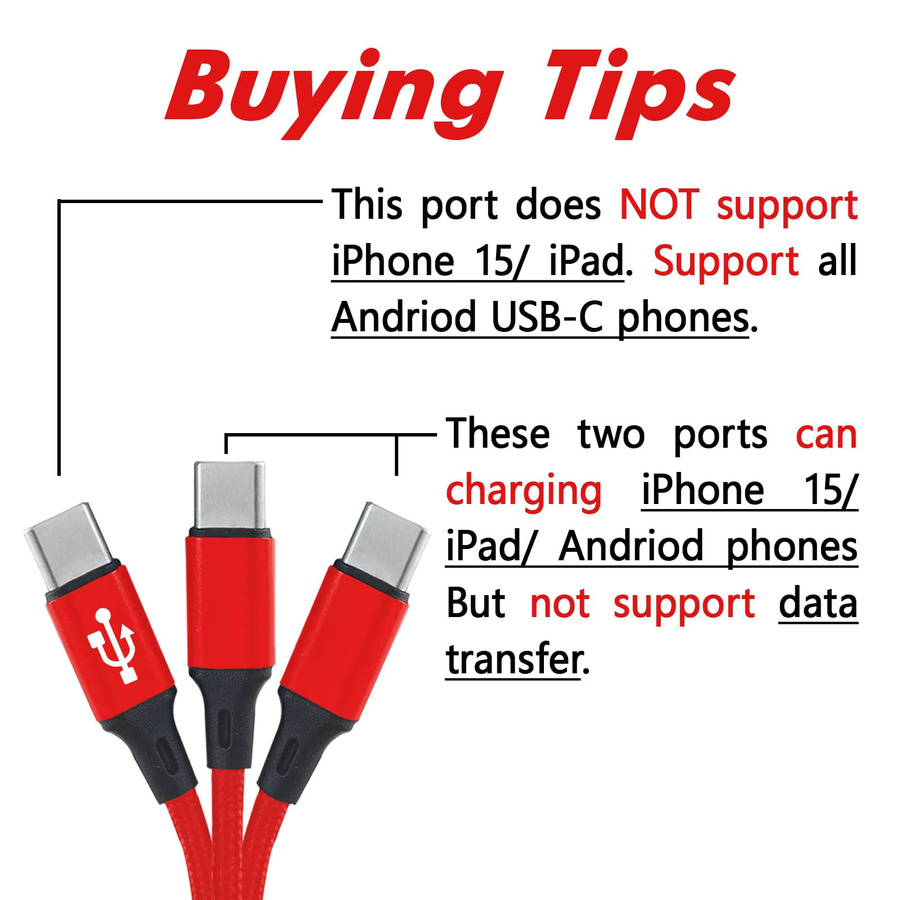 NNBILI 3-in-1 USB-A auf 3x Type-C Schnelllade-Datenkabel mit 100W und 6A für Android-Smartphones in Schwarz oder Rot - Bild 5