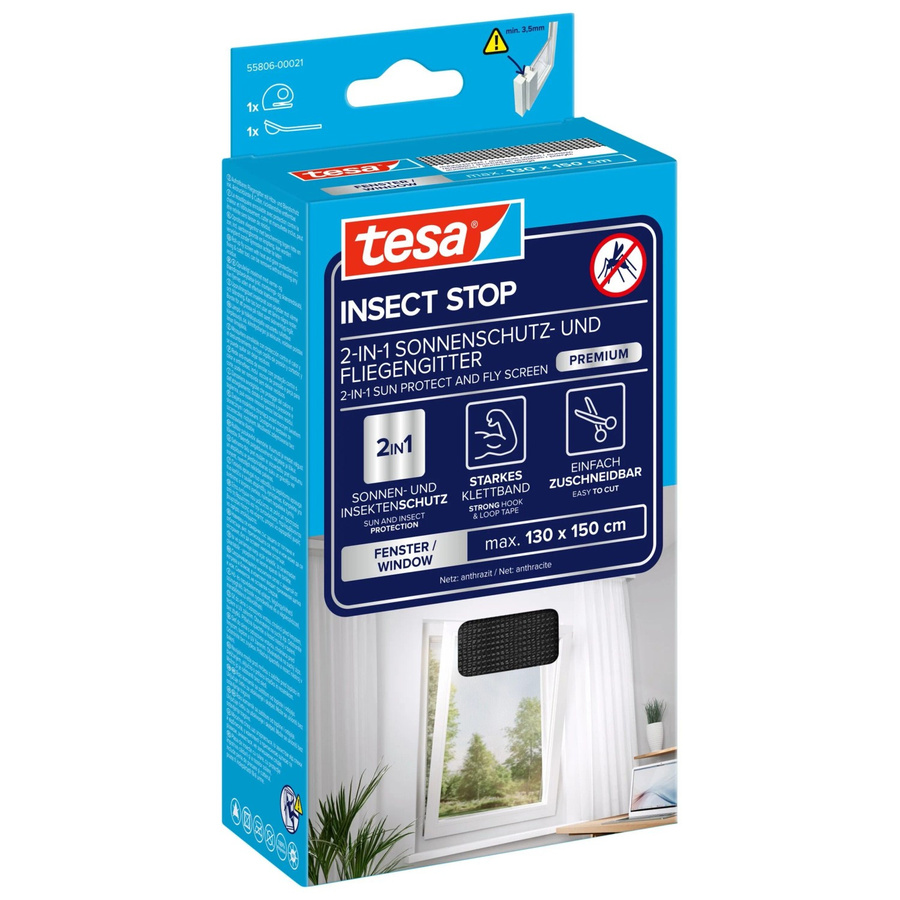 tesa Insect Stop 2-in-1 Fliegengitter mit Sonnenschutz für Fenster, Anthrazit, B: 130 cm, H: 150 cm - Bild 3