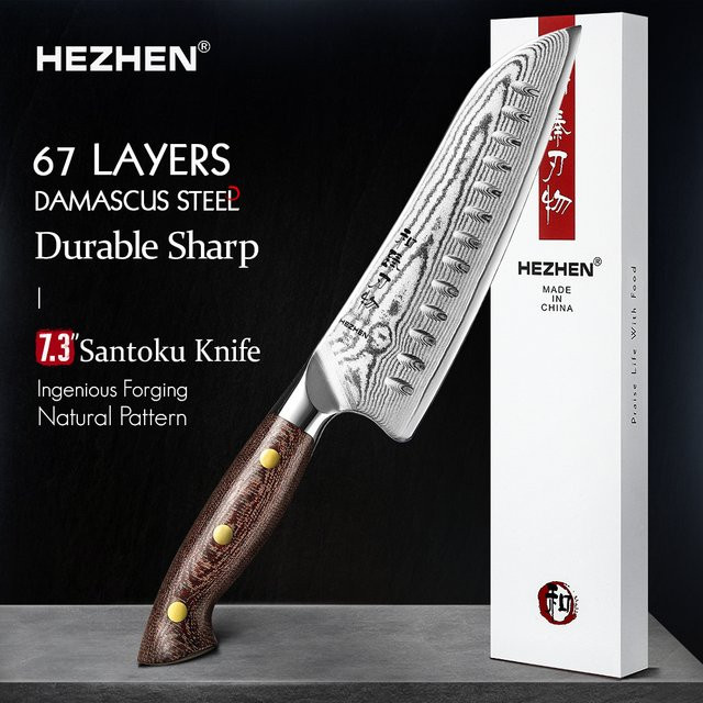 HEZHEN Santoku Messer aus 67 Schichten Damaststahl mit Micarta Griff, 18,6 cm - Bild 1