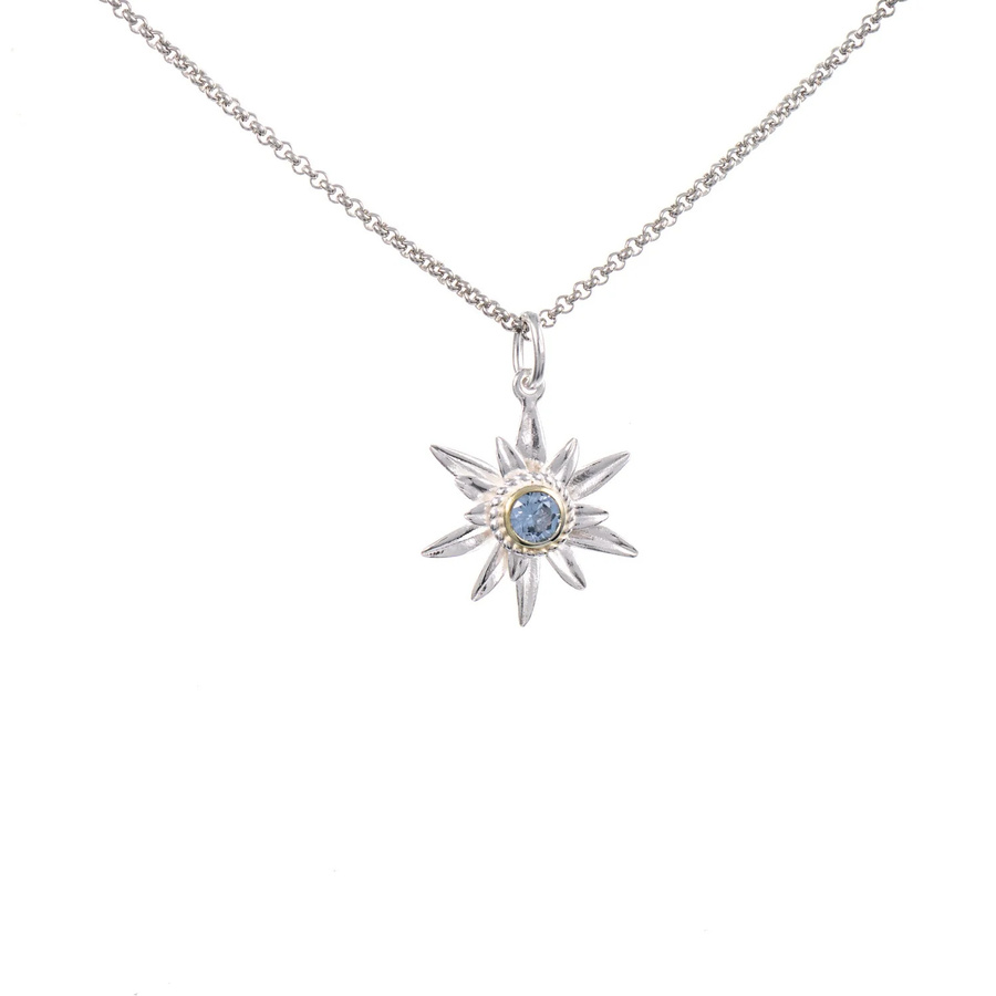 Anhänger Edelweiss mit Kette, 925 Silber, teilvergoldet, Zirkonia, hellblau - Bild 1