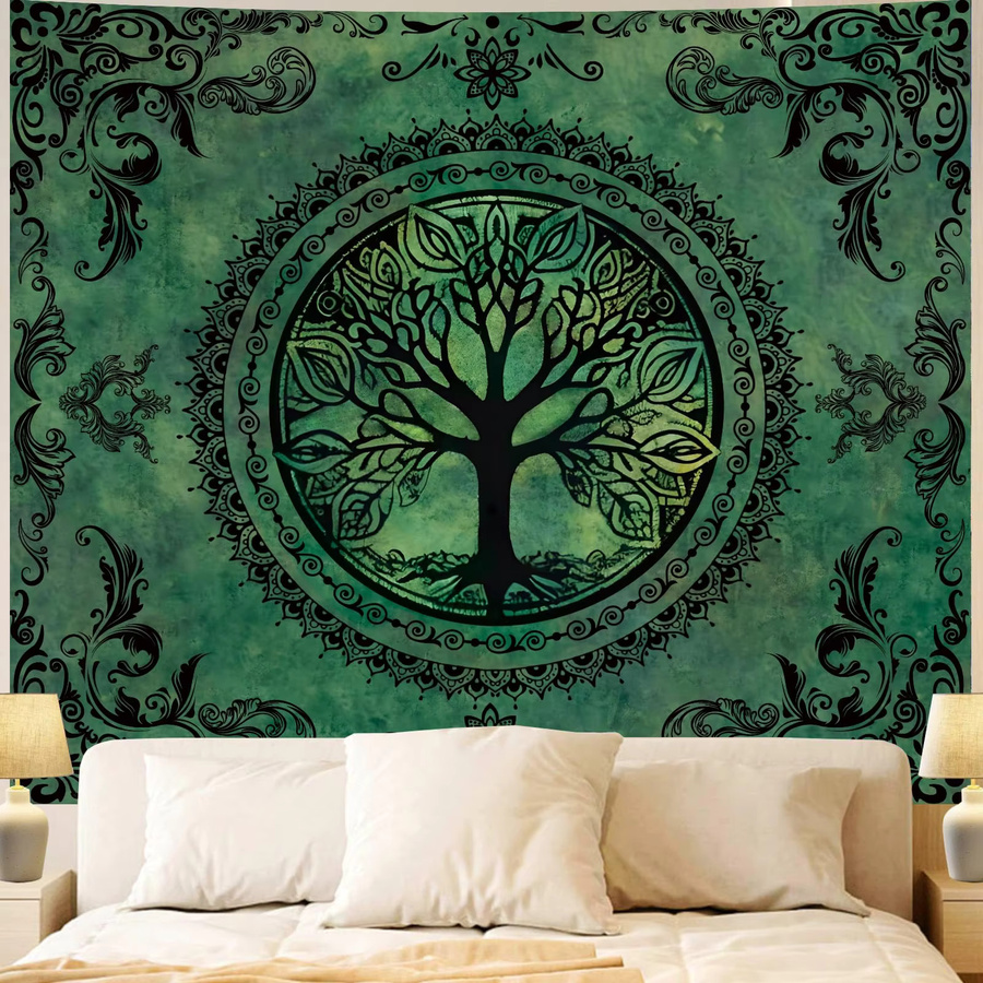 VIKAMA Wandteppich Grüner Naturbaum des Lebens mit Mandala im Boho Hippie Stil, Ästhetischer Wandbehang für dein Schlafzimmer, B/H: 160 x 120 cm - Bild 3