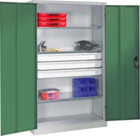 C+P Werkzeugschrank mit Drehtüren, 3 Böden und 3 Schubladen, Resedagrün/Lichtgrau, H: 195 cm, B: 120 cm, T: 50 cm - Bild 1