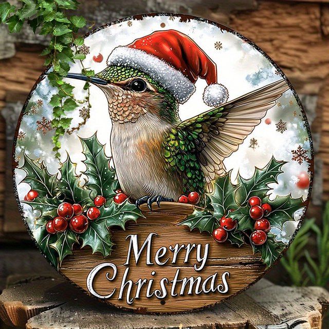 Potdemiel Rundes Metallschild Kolibri Frohe Weihnachten aus Aluminium in Multicolor, Rustikale Wanddekoration für Zuhause und Büro, Durchmesser: 20,32 cm - Bild 1