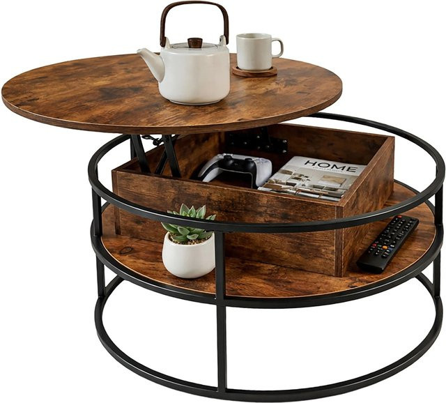 Relaxdays Couchtisch aus MDF und Eisen in Vintagebraun, höhenverstellbar mit Stauraum, B: 80 cm, H: 46 cm - Bild 1