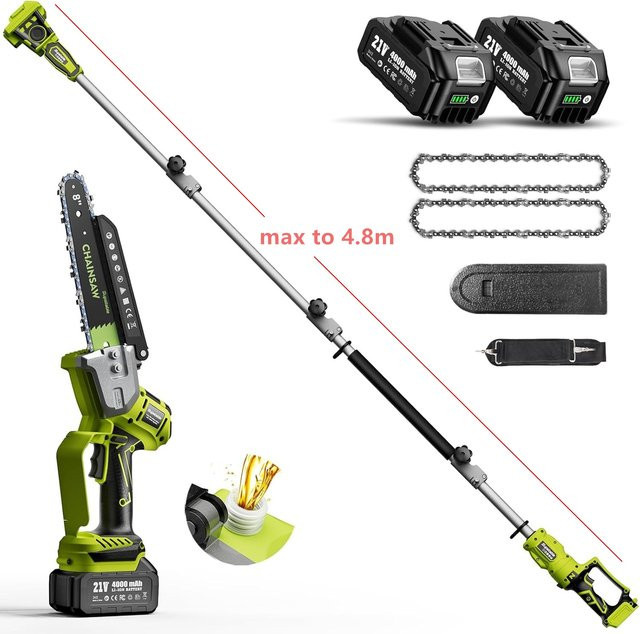 Supstable 2-in-1 Akku-Kettensäge und Teleskop-Astsäge mit 8 Zoll Schachtel mit 180 Grad schwenkbarem Motorkopf und maximaler Reichweite bis zu 4,8 m - Bild 1