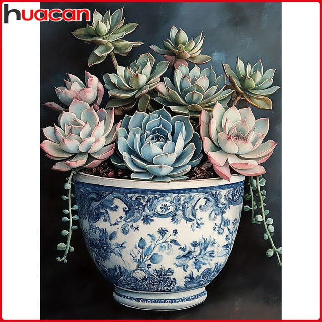 Huacan 5D-Diamantgemälde zum Selbermachen mit Lotus-Blumenmotiv in der Vase, dekorative Wandstickerei, Mehrfarbig, B/H: 30 x 20 cm - Bild 1