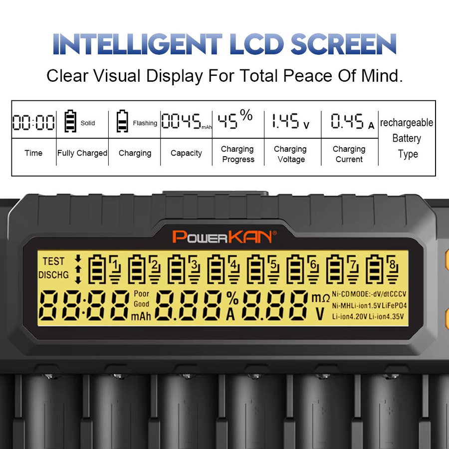 POWERKAN 8-Bay LCD Smart-Ladegerät für NiMH, LiFePO4 und Li-Ionen in Schwarz mit Kapazitätstest und 0V-Aktivierung - Bild 2