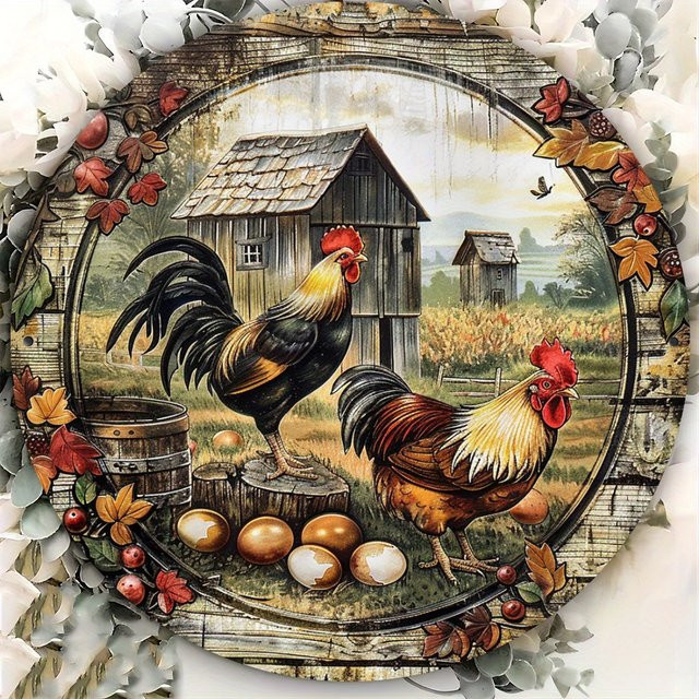 HELLOYOUNG Vintage-Huhn Metallschild in Mehrfarbig, Rustikales Bauernhaus-Dekor für Wand und Außenbereich, Durchmesser: 20 cm - Bild 1