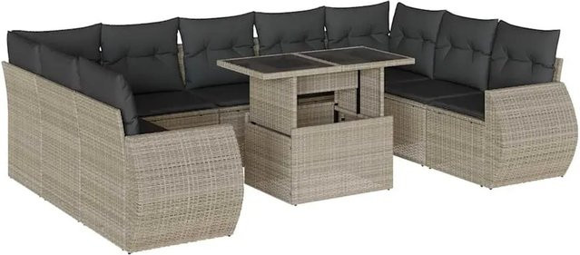 vidaXL 10-tlg. Garten-Sofagarnitur in L-Form aus Polyrattan mit Kissen in Hellgrau - Bild 1