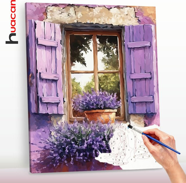 Huacan Malen nach Zahlen Set Lavendel auf Fensterbank DIY Kunstbild auf Leinwand in Mehrfarbig - Bild 1